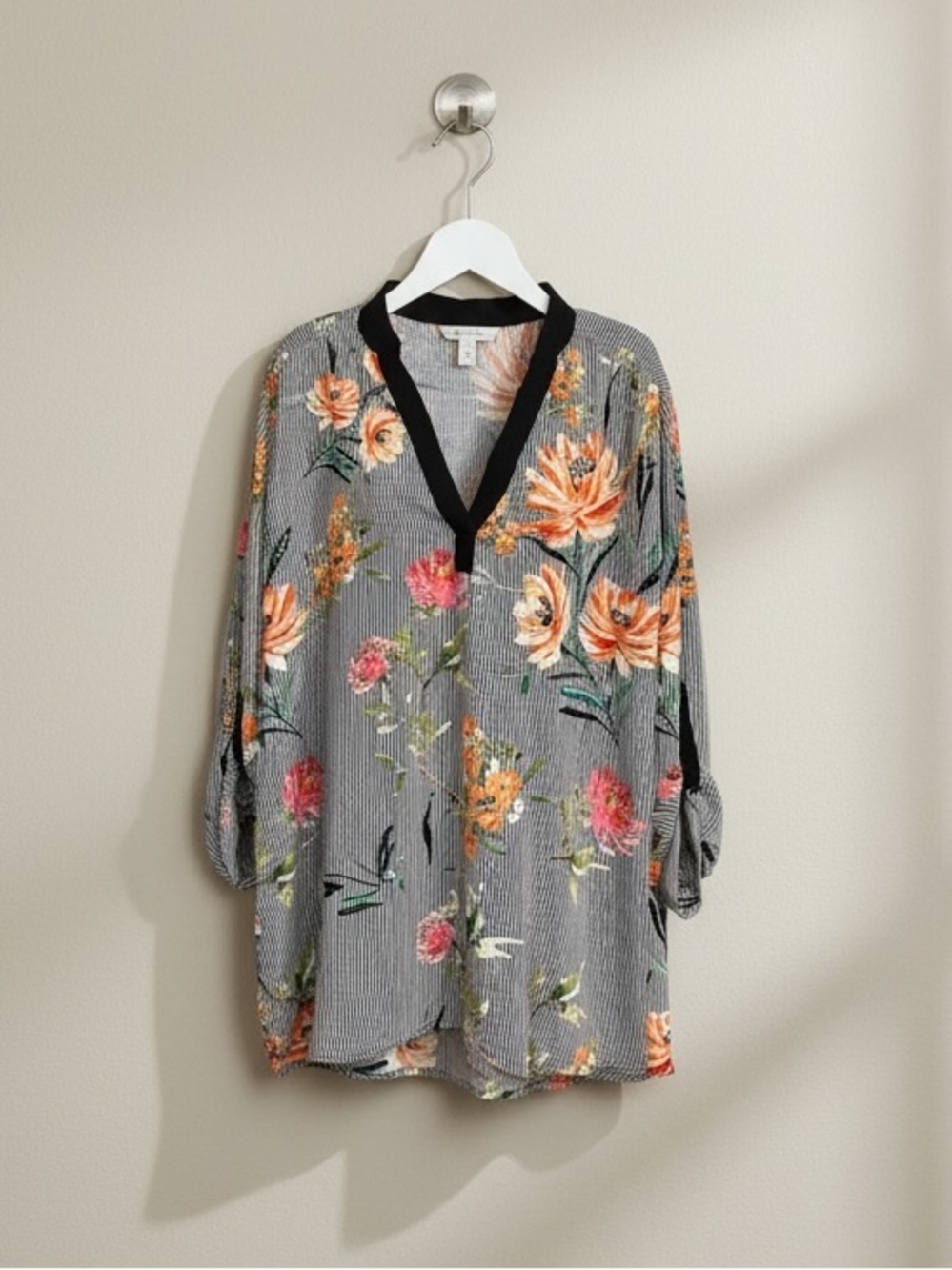 Tacera Striped Floral V-Neck Blouse 2X Roll-Tab Sleeves